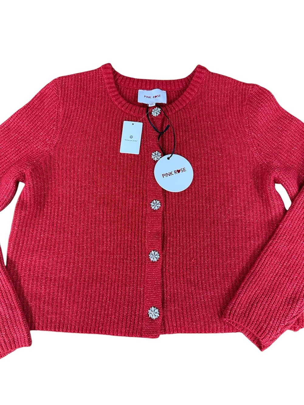 NWT PINK ROSE WOMENS CROPPED RED KNIT CARDIGAN W/RHINESTONE FLOWER BUTTONS SMALL